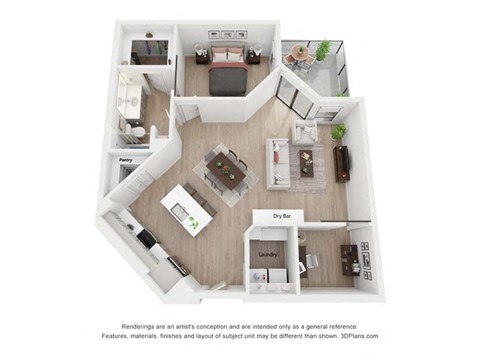Floor plan for 1 bed, 1 bath, 1047 sqft